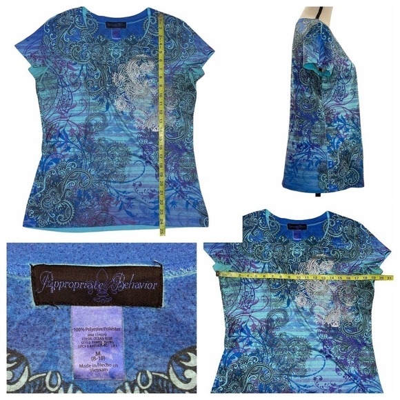 APPROPRIATE Behavior Multi-tone Blue Striped Paisley Print Short Sleeve Blouse - Picture 10 of 10